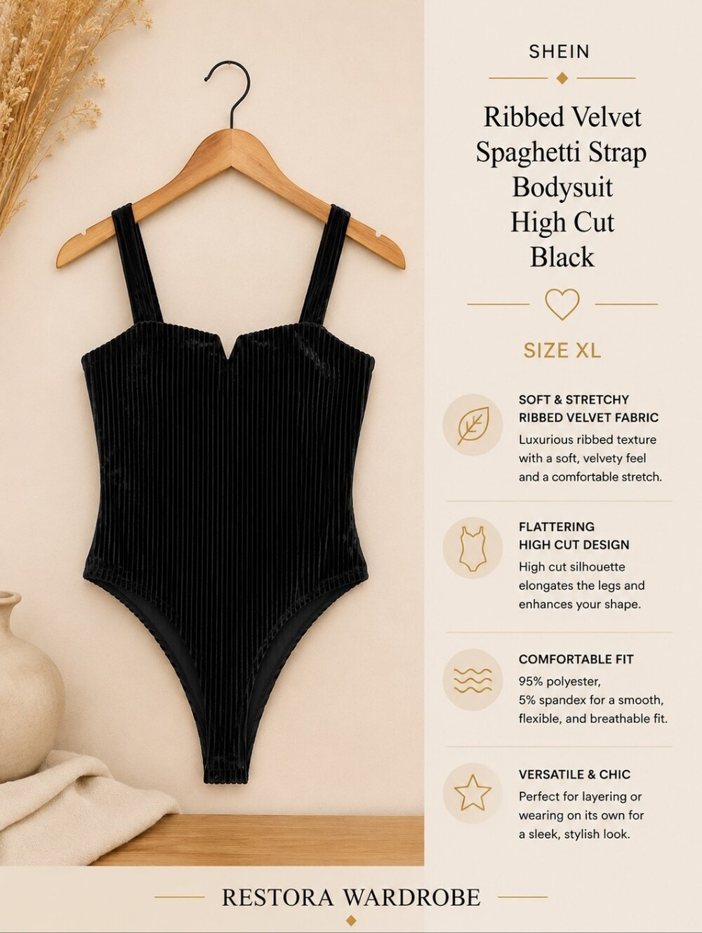 SHEIN Bodysuit Black Ribbed Velvet High Cut Wide Strap XL Y2K